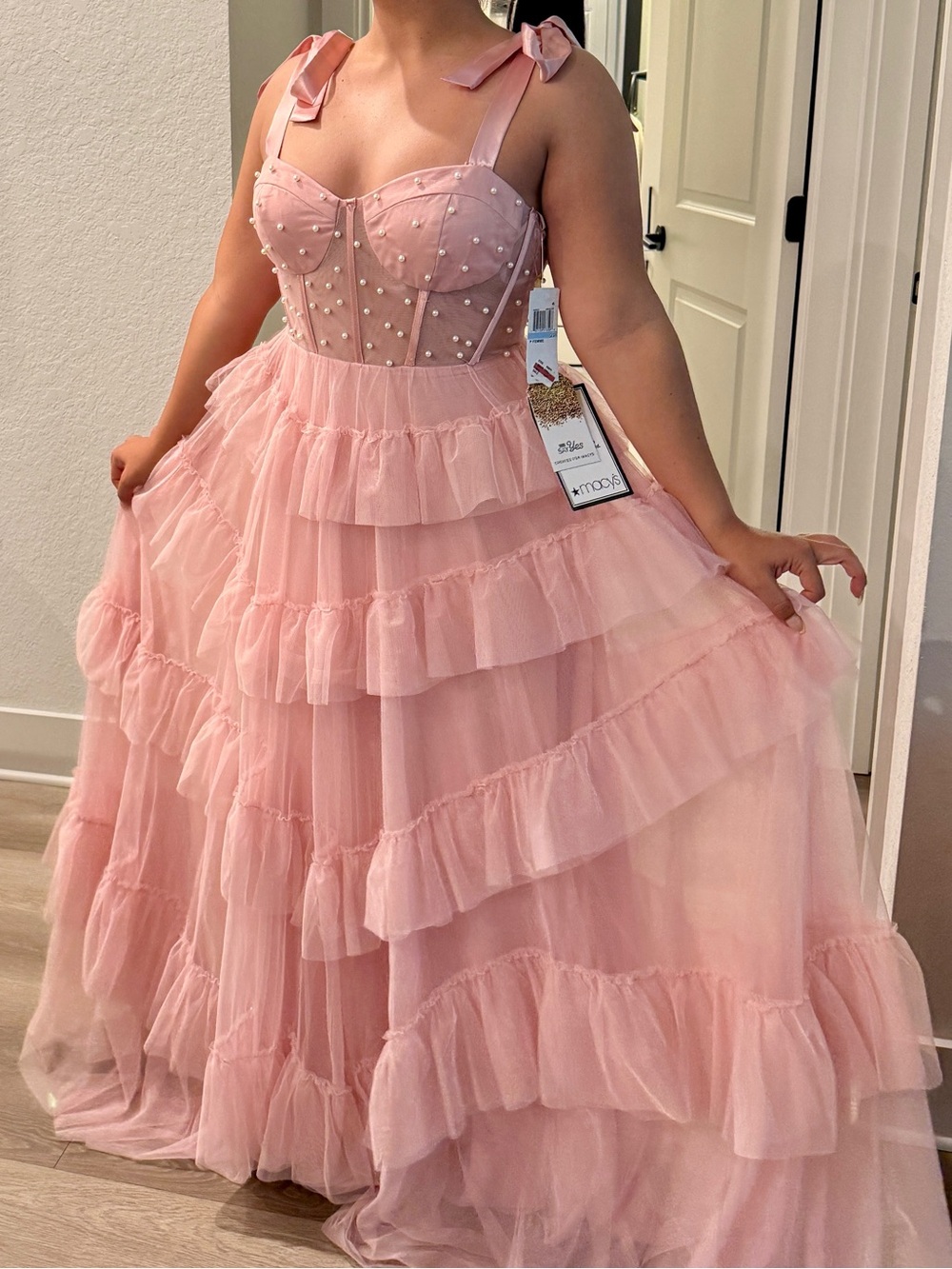Macy's Pink Ruffled Tulle Prom Dress with Pearl Bodice